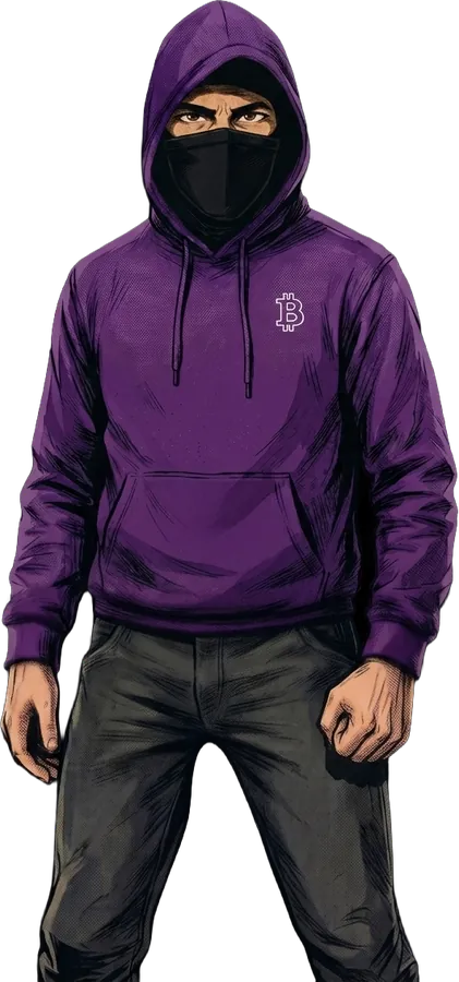 The Keeper — masked figure in a purple hoodie with a Bitcoin symbol